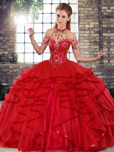 Red Sleeveless Floor Length Beading and Ruffles Lace Up Vestidos de Quinceanera