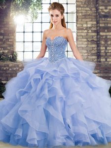 Glorious Sweetheart Sleeveless 15 Quinceanera Dress Brush Train Beading and Ruffles Lavender Tulle