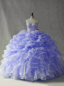 Strapless Sleeveless Organza Ball Gown Prom Dress Beading and Ruffles and Pick Ups Brush Train Lace Up