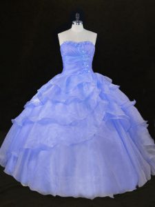 Comfortable Blue and Lavender Lace Up Sweetheart Ruffles and Hand Made Flower Quinceanera Gown Organza Sleeveless