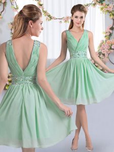 Apple Green Sleeveless Knee Length Beading Zipper Dama Dress