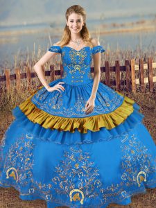Stylish Floor Length Blue Quinceanera Dress Off The Shoulder Sleeveless Lace Up