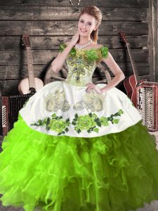 Amazing Green Lace Up Off The Shoulder Embroidery and Ruffles Ball Gown Prom Dress Organza Sleeveless