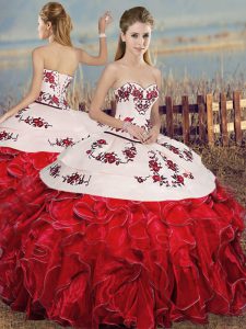 White And Red Sweetheart Lace Up Embroidery and Ruffles Vestidos de Quinceanera Sleeveless