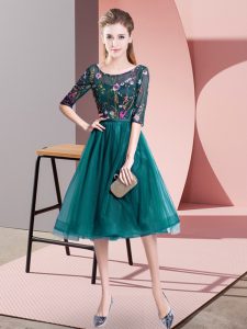 Knee Length Empire Half Sleeves Teal Dama Dress Lace Up