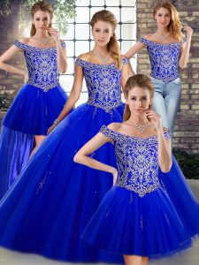 Sumptuous Royal Blue Off The Shoulder Lace Up Beading Quinceanera Dresses Sleeveless