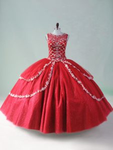 Classical Tulle Scoop Sleeveless Zipper Beading and Appliques Sweet 16 Dresses in Red