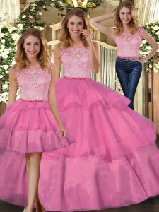 Hot Pink Sleeveless Lace Floor Length Ball Gown Prom Dress