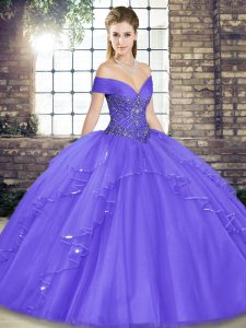Sleeveless Floor Length Beading and Ruffles Lace Up Quinceanera Dress with Lavender