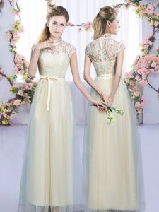 High-neck Cap Sleeves Tulle Damas Dress Lace and Bowknot Zipper