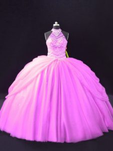 Lilac Tulle Lace Up Quinceanera Gowns Sleeveless Floor Length Beading and Pick Ups