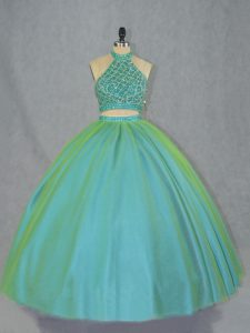 Green Two Pieces Tulle Halter Top Sleeveless Beading Lace Up Quinceanera Gown