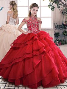 Extravagant Red Sleeveless Beading and Ruffled Layers Floor Length Quinceanera Gowns