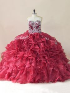 Beauteous Wine Red Lace Up Sweetheart Beading and Appliques and Ruffles Sweet 16 Dress Organza Sleeveless Brush Train