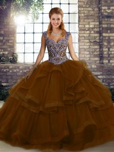 Straps Sleeveless Lace Up Quinceanera Dresses Brown Tulle