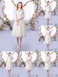 Latest Champagne Tulle Lace Up Court Dresses for Sweet 16 Half Sleeves Tea Length Lace
