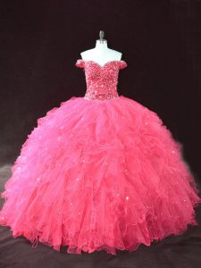 Pretty Tulle Off The Shoulder Sleeveless Lace Up Beading and Ruffles Vestidos de Quinceanera in Hot Pink
