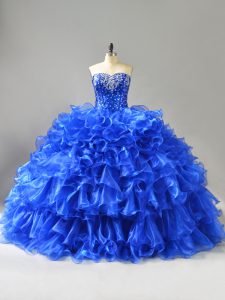 Royal Blue Lace Up Sweetheart Beading and Ruffles Ball Gown Prom Dress Organza Sleeveless