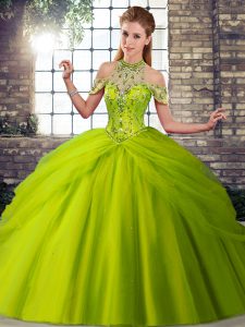 Nice Olive Green Lace Up 15 Quinceanera Dress Beading and Pick Ups Sleeveless Brush Train