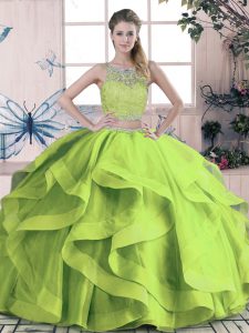 Amazing Green Quince Ball Gowns Sweet 16 and Quinceanera with Beading and Lace and Ruffles Scoop Sleeveless Lace Up