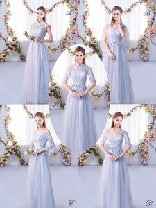 Clearance Grey High-neck Neckline Lace Dama Dress for Quinceanera Cap Sleeves Lace Up