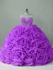Sleeveless Fabric With Rolling Flowers Brush Train Lace Up Quinceanera Gown in Lavender with Beading