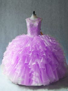 Lilac Sleeveless Floor Length Beading and Ruffles Lace Up Quince Ball Gowns