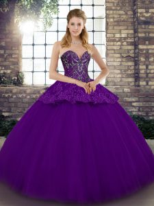 Purple Tulle Lace Up Sweetheart Sleeveless Floor Length Quinceanera Gowns Beading and Appliques