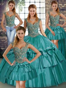 Fabulous Teal Straps Lace Up Beading and Ruffled Layers 15 Quinceanera Dress Sleeveless