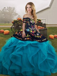 Sleeveless Floor Length Embroidery and Ruffles Lace Up Sweet 16 Quinceanera Dress with Teal