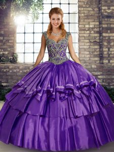 Cute Taffeta Straps Sleeveless Lace Up Beading and Ruffled Layers Sweet 16 Dress in Purple