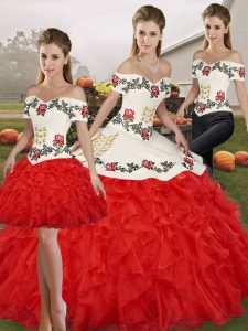 White And Red Quinceanera Gown Military Ball and Sweet 16 and Quinceanera with Embroidery and Ruffles Off The Shoulder Sleeveless Lace Up