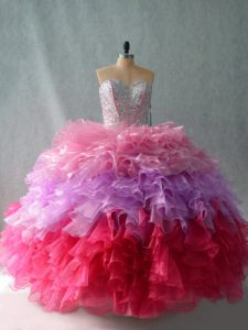 Popular Multi-color Ball Gowns Organza Sweetheart Sleeveless Beading and Ruffles Floor Length Lace Up Sweet 16 Dresses