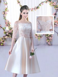 On Sale Half Sleeves Satin Tea Length Lace Up Dama Dress in Champagne with Lace and Belt