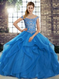 Custom Design Blue Sleeveless Beading and Ruffles Lace Up Quinceanera Dresses
