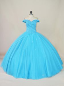 Fashionable Beading 15th Birthday Dress Blue Lace Up Sleeveless Floor Length