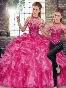 Fuchsia Lace Up Quince Ball Gowns Beading and Ruffles Sleeveless Floor Length