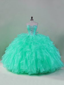 Fancy Sleeveless Floor Length Beading and Ruffles Lace Up 15th Birthday Dress with Turquoise