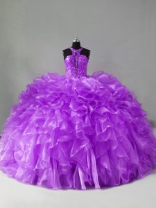 Purple Zipper Ball Gown Prom Dress Beading and Ruffles Sleeveless Brush Train