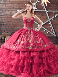 Sweetheart Sleeveless 15th Birthday Dress Floor Length Embroidery and Ruffled Layers Red Satin and Organza
