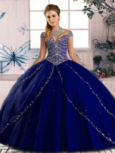 Lace Up Quinceanera Gowns Royal Blue for Sweet 16 and Quinceanera with Beading Brush Train