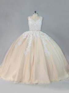 Low Price Champagne Ball Gowns Tulle Scoop Sleeveless Appliques Zipper Sweet 16 Dresses Court Train