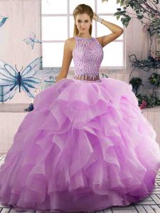 Sleeveless Floor Length Beading and Ruffles Lace Up Quinceanera Gowns with Lilac