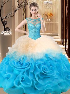 Nice Fabric With Rolling Flowers Sleeveless Floor Length Sweet 16 Quinceanera Dress and Beading and Ruffles