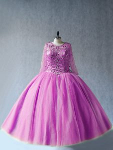 Vintage Lilac Ball Gowns Beading 15th Birthday Dress Lace Up Tulle Long Sleeves Floor Length