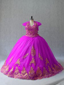 Eye-catching Fuchsia Tulle Lace Up Sweet 16 Quinceanera Dress Sleeveless Court Train Beading and Appliques