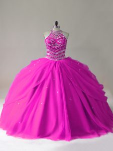 Fuchsia Ball Gowns Beading Vestidos de Quinceanera Lace Up Tulle Sleeveless