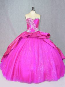 Comfortable Hot Pink Sleeveless Court Train Beading and Embroidery Sweet 16 Quinceanera Dress