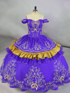 Purple Ball Gowns Off The Shoulder Sleeveless Satin Floor Length Lace Up Embroidery Sweet 16 Dresses