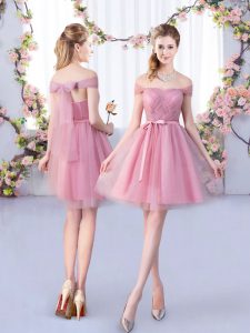Clearance Pink A-line Off The Shoulder Sleeveless Tulle Mini Length Lace Up Belt Court Dresses for Sweet 16